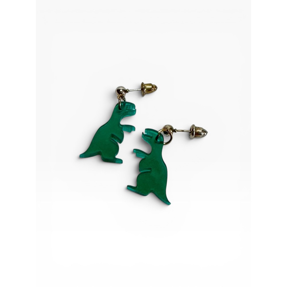 Novelty Dinosaur Drop Earrings Gold Tone w/Green Acrylic T-Rex Quirky Fun